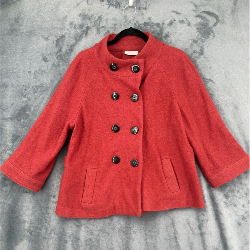 Chicos Pea Coat Womens 2 L Wool Double Breasted Swing Quiet Luxury Pockets Red